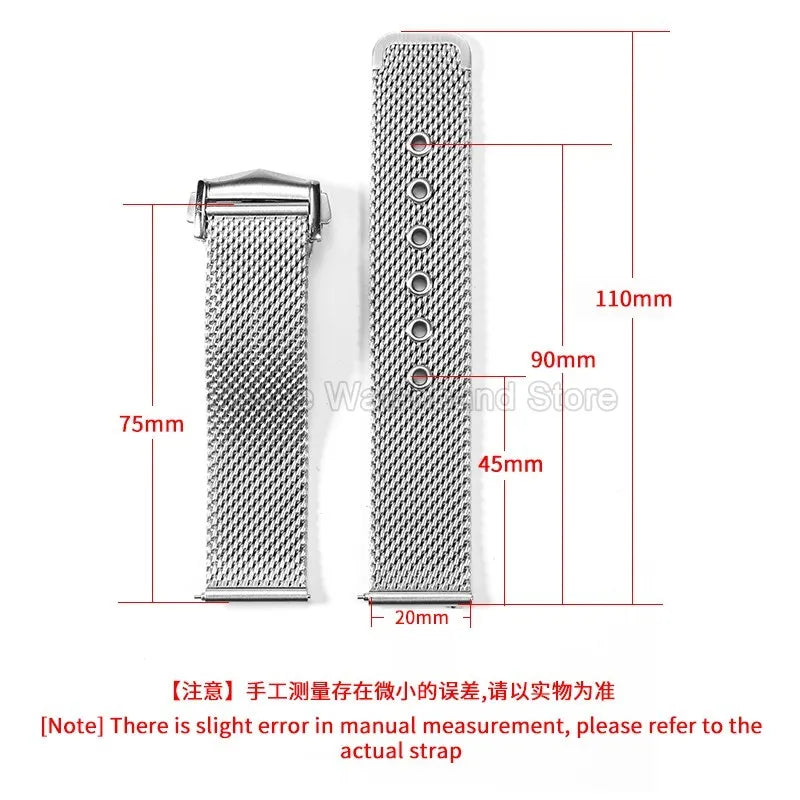 For Omega Seamaster 20mm Silver Black Mesh Bracelet Flat Interface Stainless Steel Watch Strap Breathable Lightweight Design