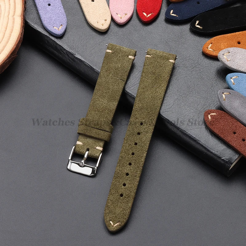 Vintage Genuine Suede Leather Watchband 14mm 16mm 18mm 20mm 22mm for Omega for Seiko Handmade Bracelet Quick Release Watch Strap