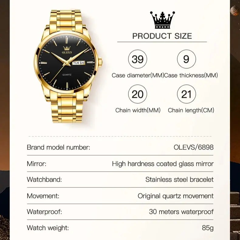 OLEVS 6898 Men's Watch Luxury Classic Stainless Steel Waterproof Luminescent Quartz Watch Business Brand Date Week Display Watch