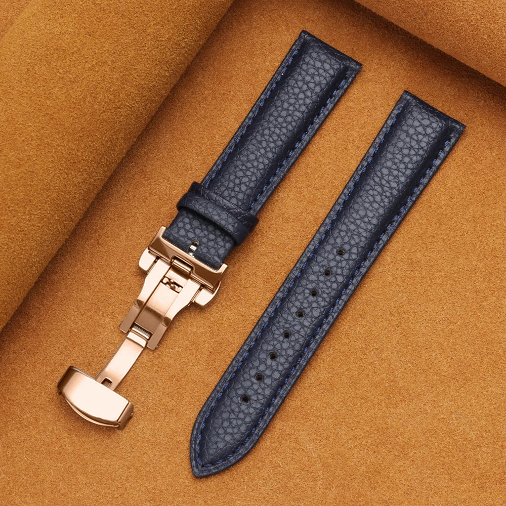 12/14/16/18/19/20/22mm Calfskin Watchbands Litchi Grain Strap Genuine Leather Wristwatch Band Butterfly Buckle Watch Accessories