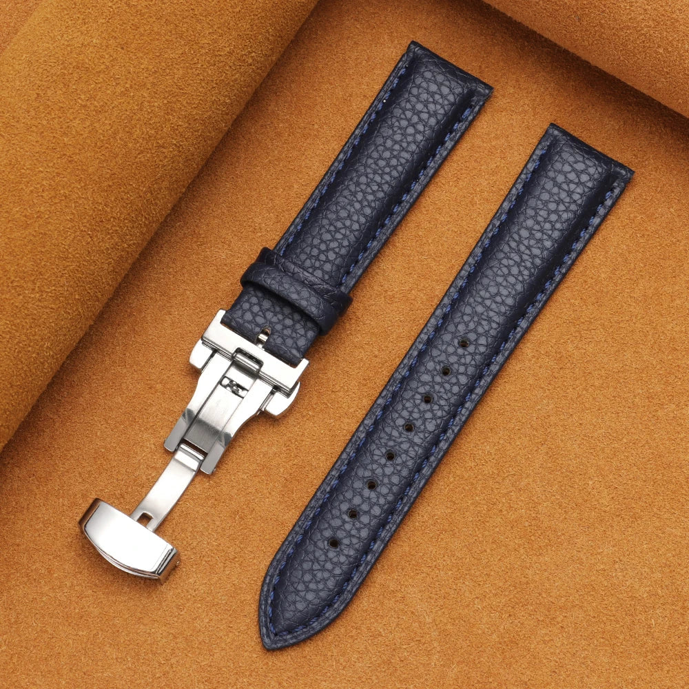 12/14/16/18/19/20/22mm Calfskin Watchbands Litchi Grain Strap Genuine Leather Wristwatch Band Butterfly Buckle Watch Accessories