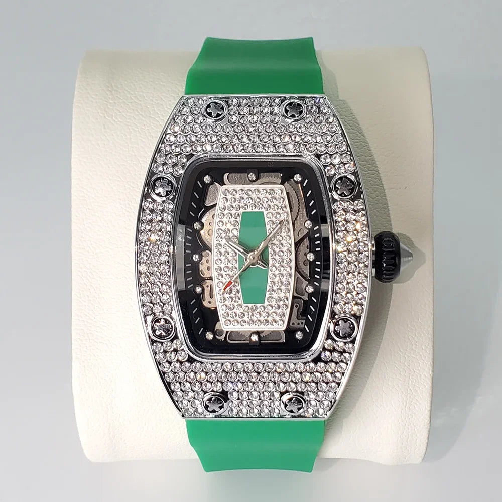 Fashion Rose Iced Watches Women Casual Silicone Strap Quartz Dress Full Diamond AAA Tonnneau Watch For Ladies Dropshipping