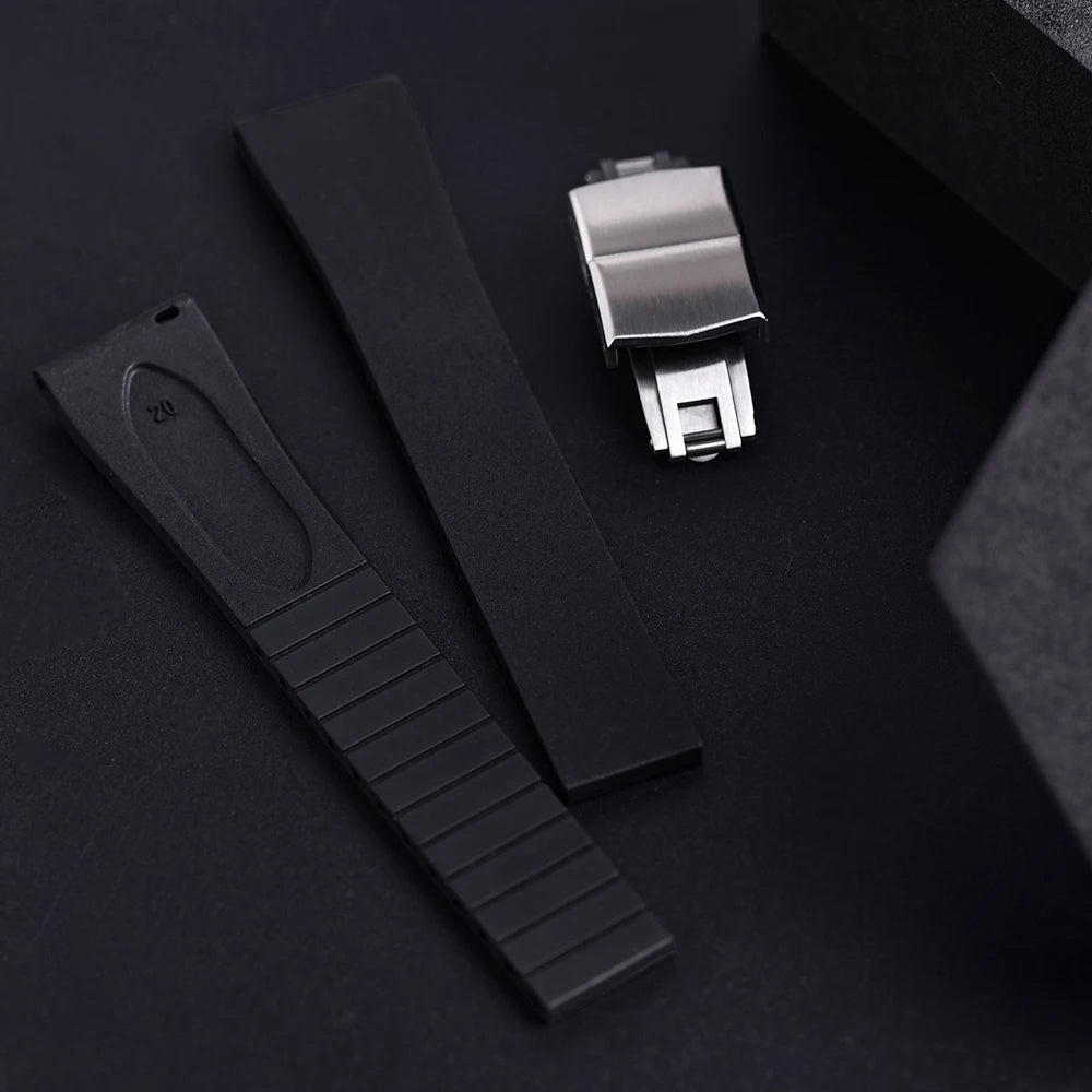 New CTS FKM Rubber Watch Strap 16mm 18mm 19mm 20mm 21mm 22mm FKM CTS Watchband Quick Release Butterfly Silver Buckle Cut-To-Size