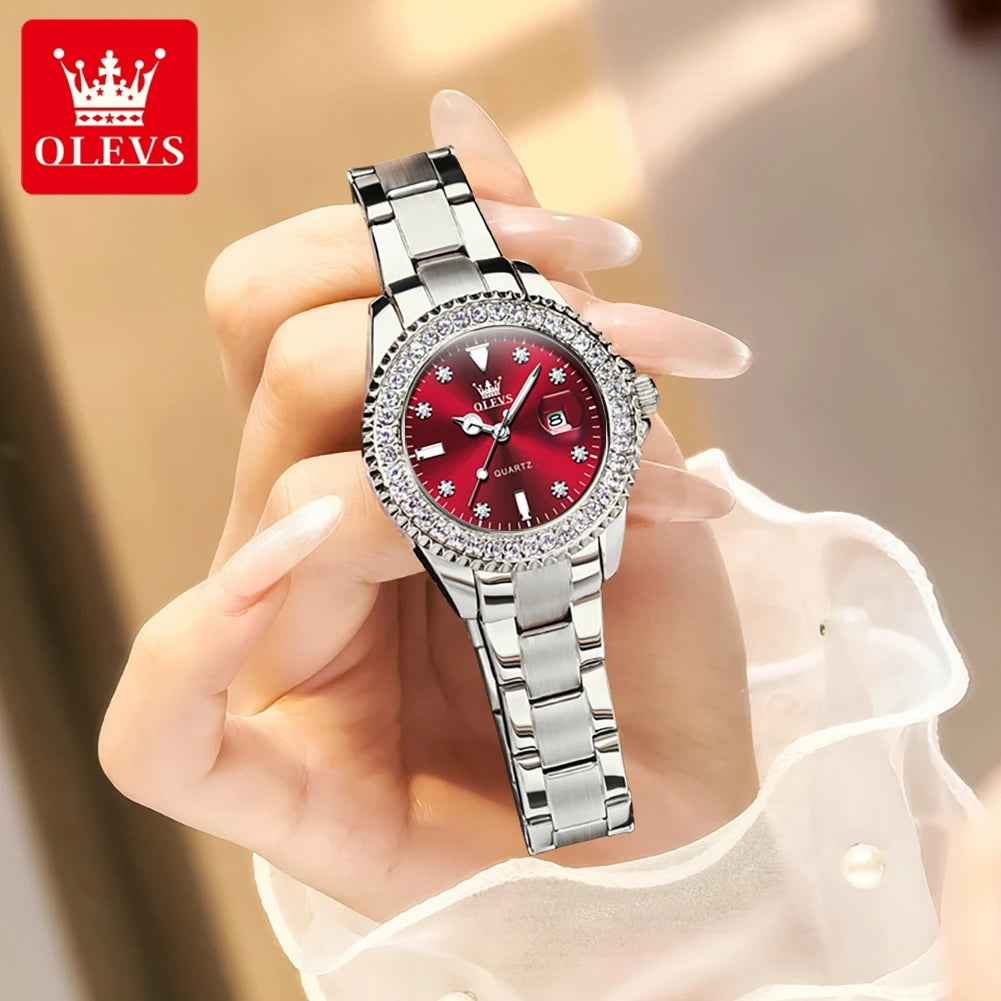 OLEVS New Elegant Women Wristwatch Waterproof Luminous Calendar Ladies Watch Stainless Steel Red Quartz Women's Watches Female