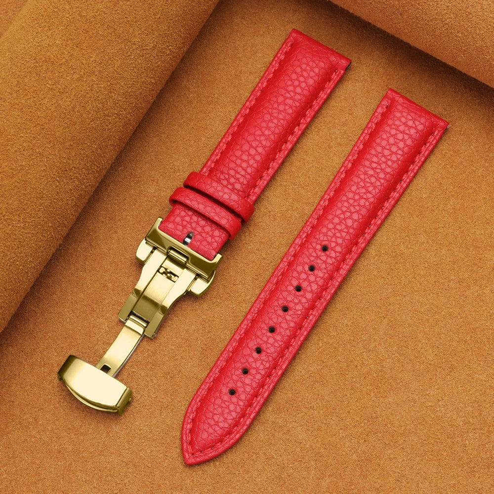 12/14/16/18/19/20/22mm Calfskin Watchbands Litchi Grain Strap Genuine Leather Wristwatch Band Butterfly Buckle Watch Accessories