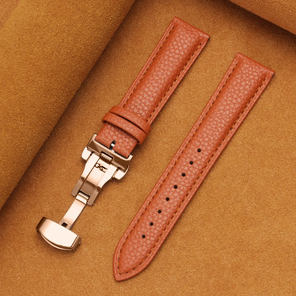 12/14/16/18/19/20/22mm Calfskin Watchbands Litchi Grain Strap Genuine Leather Wristwatch Band Butterfly Buckle Watch Accessories