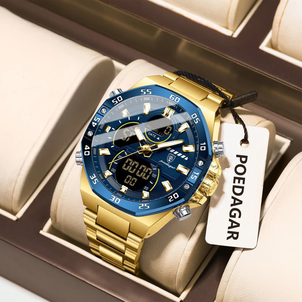 POEDAGAR Top Men Clock LED Luminous Waterproof Week Date Military Man Wristwatch Electronic Stainless Steel Quartz Men's Watches