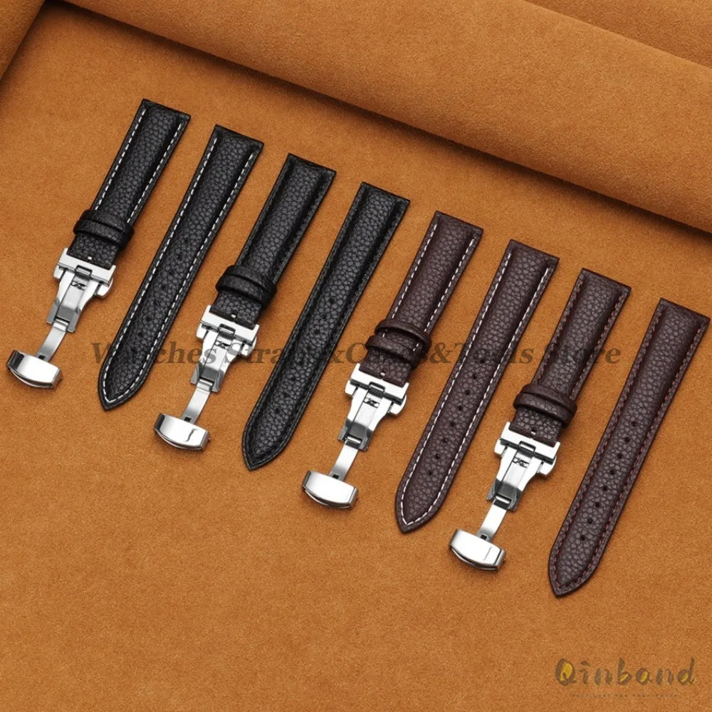 Genuine Calfskin Litchi Leather Watch Bands 16/18/19/20/21/22/24mm for Seiko for Omega Business Men Women Butterfly Buckle Strap
