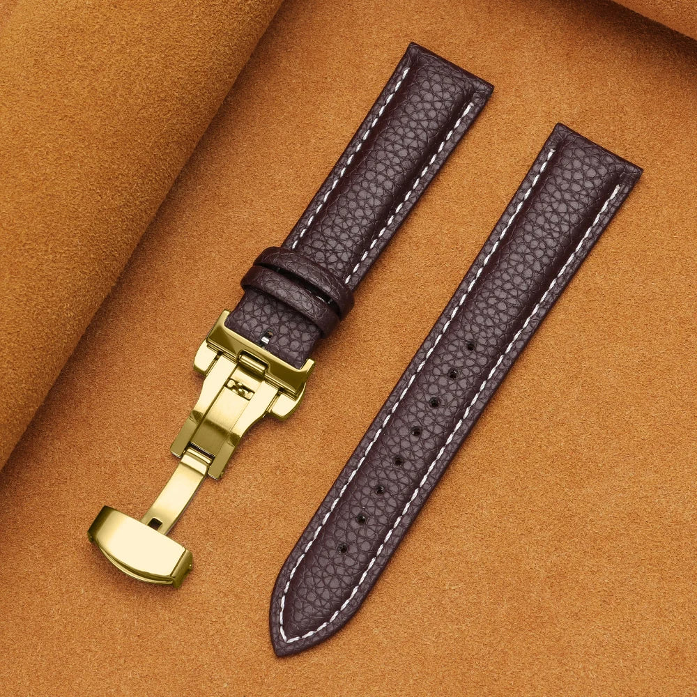 12/14/16/18/19/20/22mm Calfskin Watchbands Litchi Grain Strap Genuine Leather Wristwatch Band Butterfly Buckle Watch Accessories