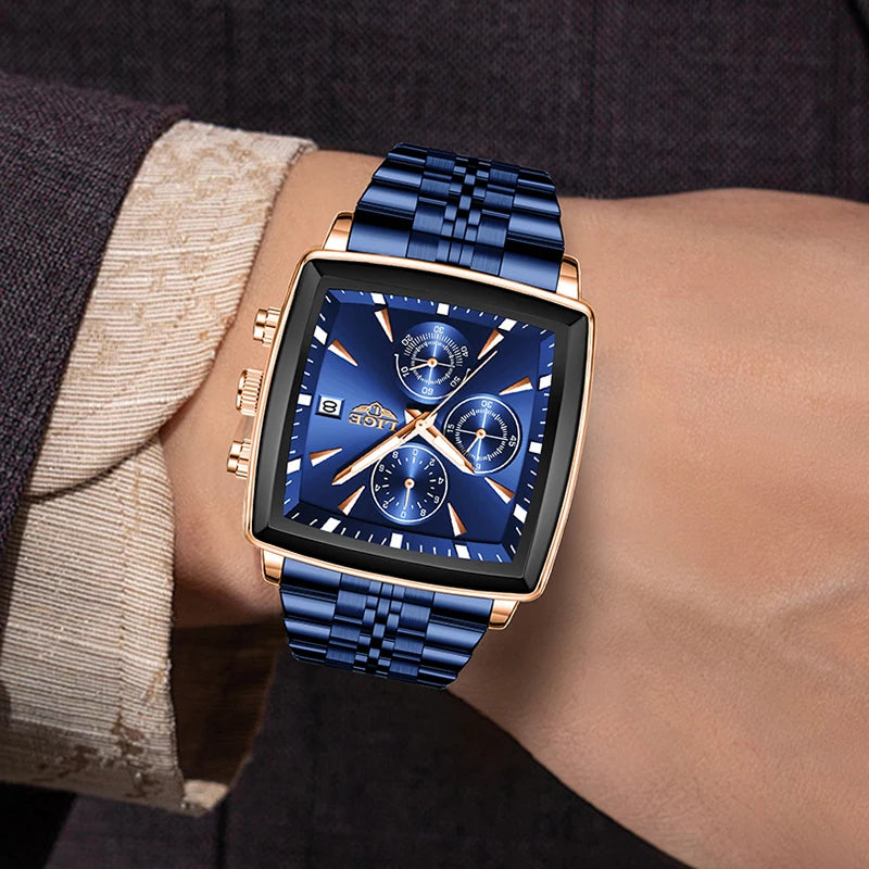 LIGE Top Brand Luxury Mens Watches Fashion Military Square Chronograph Quartz Wristwatches For Men Sports Waterproof Watch Men