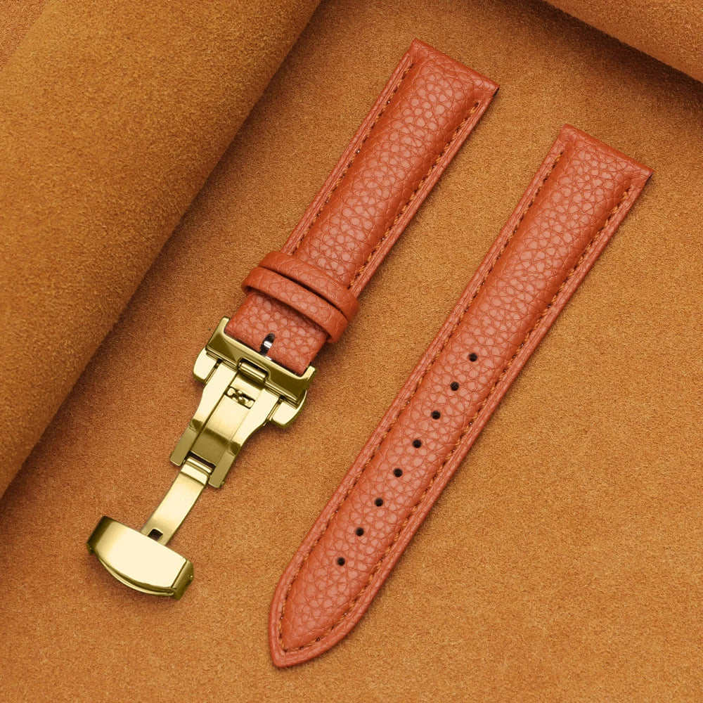 12/14/16/18/19/20/22mm Calfskin Watchbands Litchi Grain Strap Genuine Leather Wristwatch Band Butterfly Buckle Watch Accessories