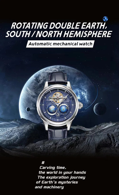 SEAKOSS 47mm Double Earth Rotating Men's Mechanical Watch Automatic Movement Flywheel Wristwatches 5Bar Waterproof Leather Strap
