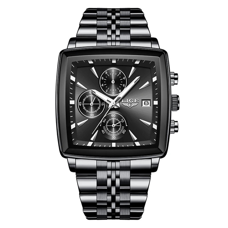 LIGE Top Brand Luxury Mens Watches Fashion Military Square Chronograph Quartz Wristwatches For Men Sports Waterproof Watch Men