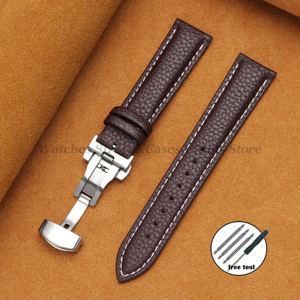 Genuine Calfskin Litchi Leather Watch Bands 16/18/19/20/21/22/24mm for Seiko for Omega Business Men Women Butterfly Buckle Strap