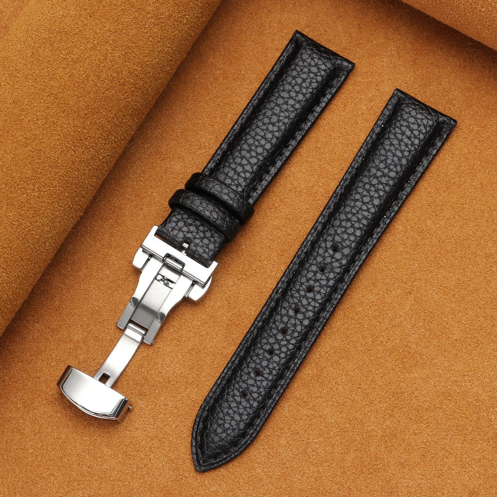 12/14/16/18/19/20/22mm Calfskin Watchbands Litchi Grain Strap Genuine Leather Wristwatch Band Butterfly Buckle Watch Accessories