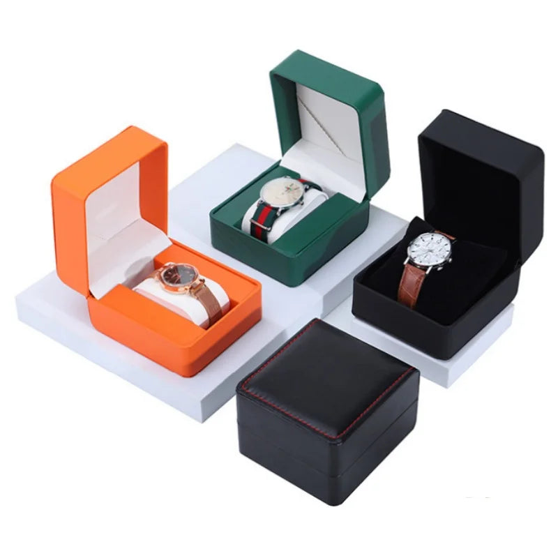 Black Single Watch Gift Box with Pillow PU Leather Wristwatch Display Case Organizer for Men Clamshell PU leather watch case