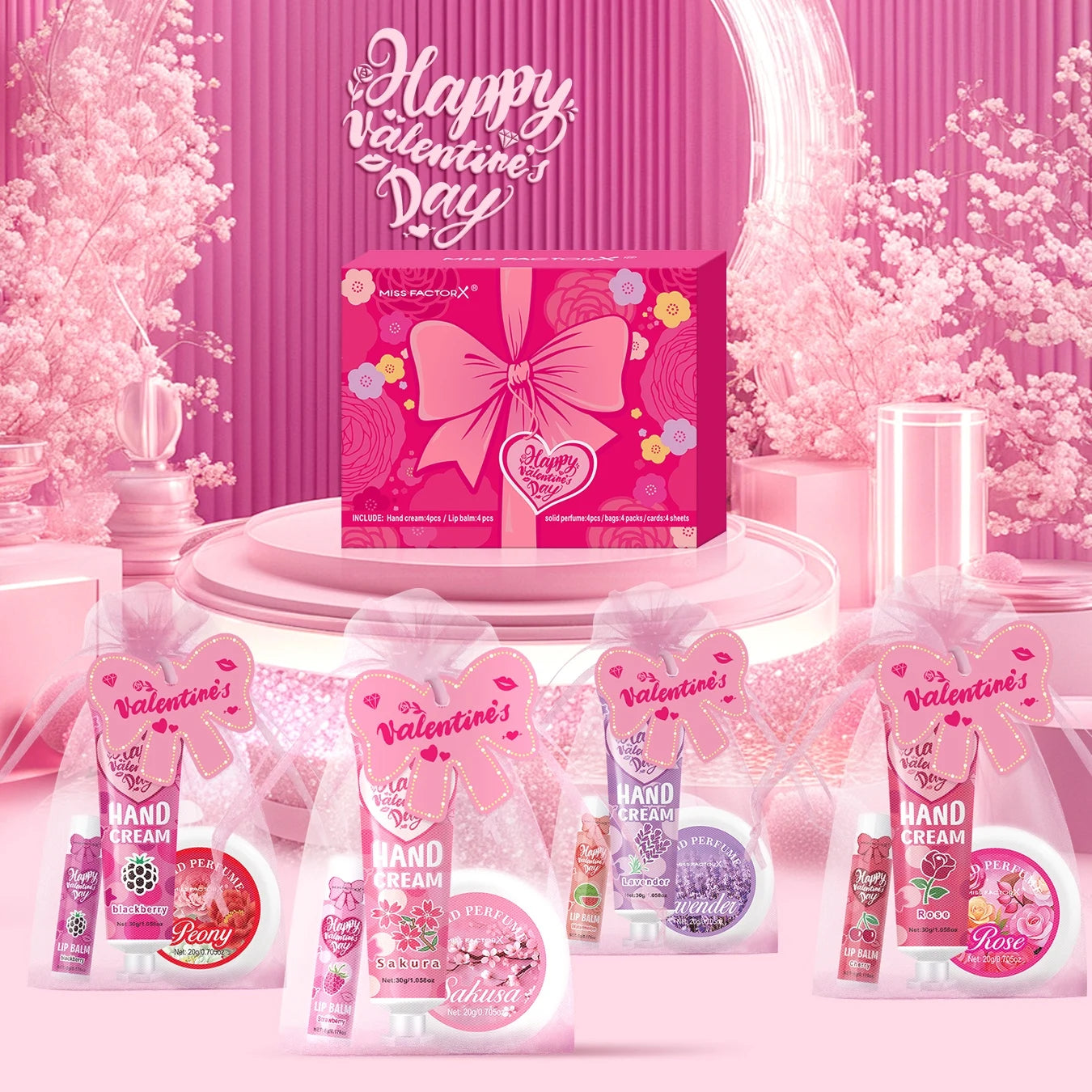 Gift sets 20PCS/box bulk thank you gifts assembly distribution lip balm hand cream perfume pink gift bag and bow card
