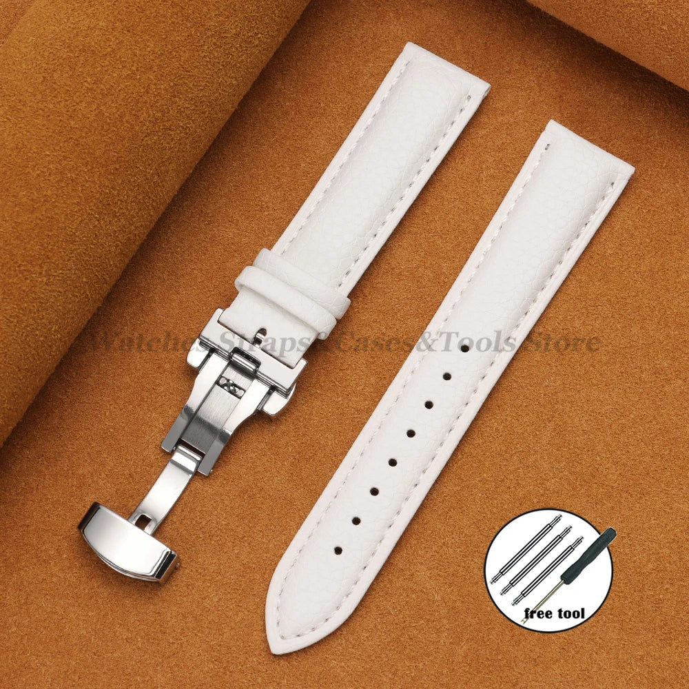 Genuine Calfskin Litchi Leather Watch Bands 16/18/19/20/21/22/24mm for Seiko for Omega Business Men Women Butterfly Buckle Strap