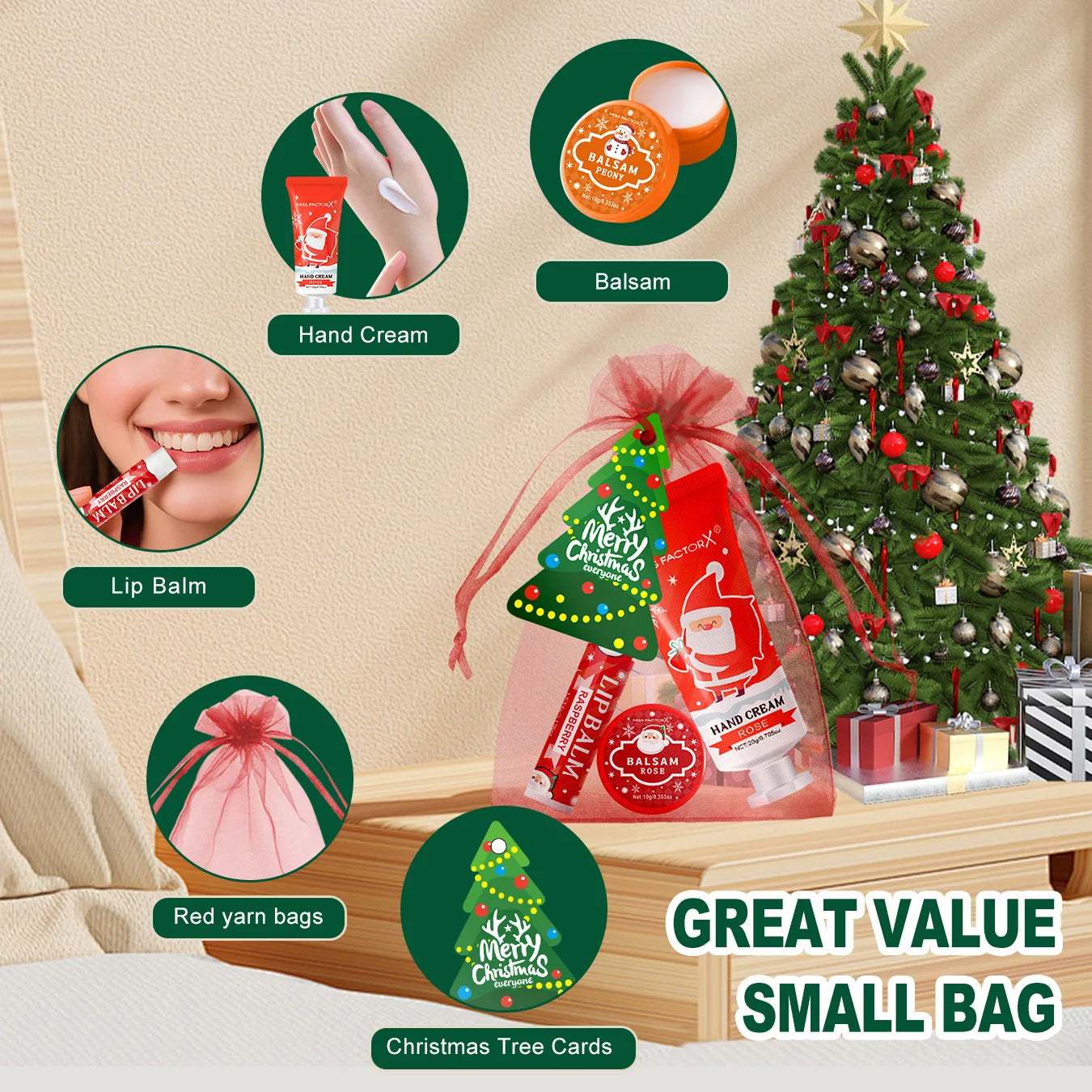 Christmas assembly gift set -20 sets, including balm, hand cream, lipstick, red gauze bag, Christmas tree thank you card