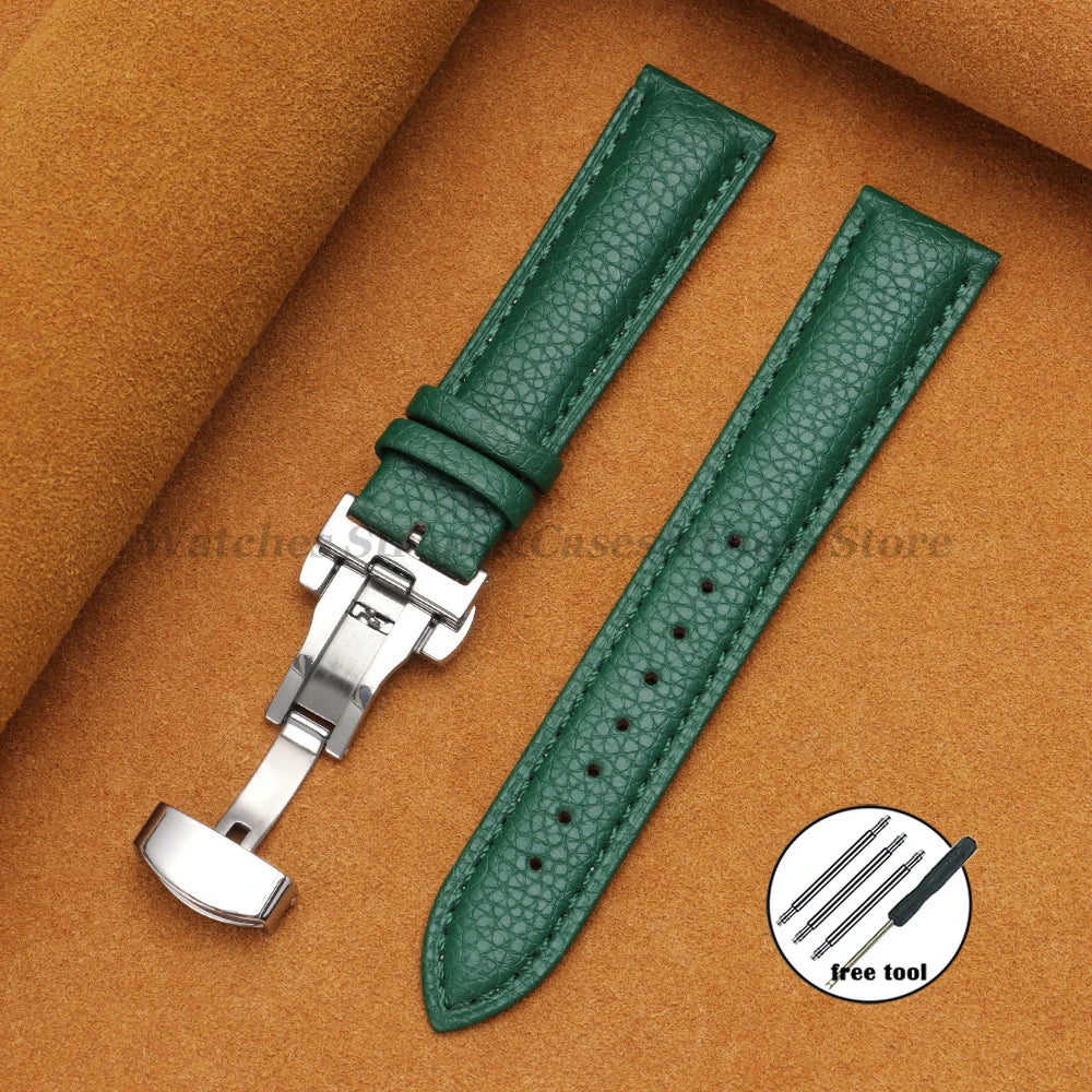 Genuine Calfskin Litchi Leather Watch Bands 16/18/19/20/21/22/24mm for Seiko for Omega Business Men Women Butterfly Buckle Strap