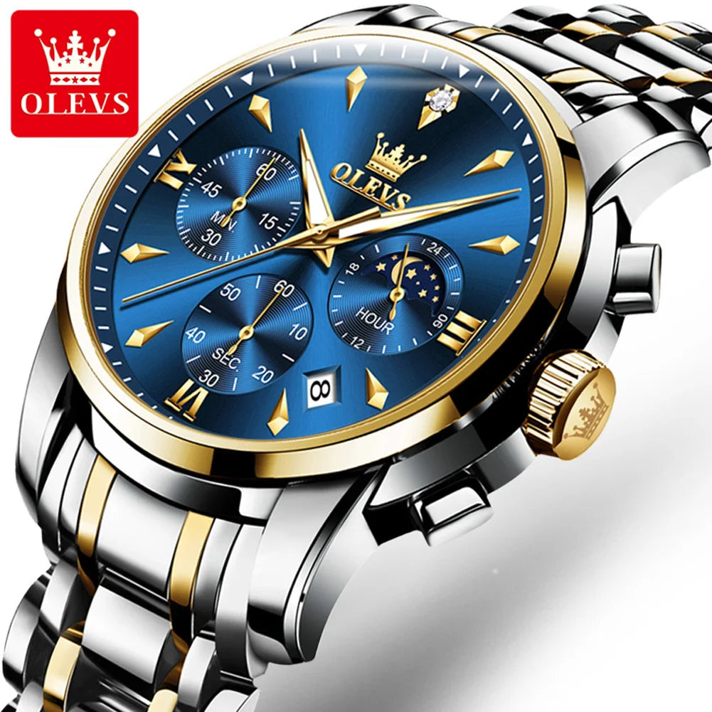 OLEVS 3639 Luxury Quartz Watch Stainless Steel Watch for Men Top Brand Original  Waterproof Luminous Moon Phase Men's Hand Clock