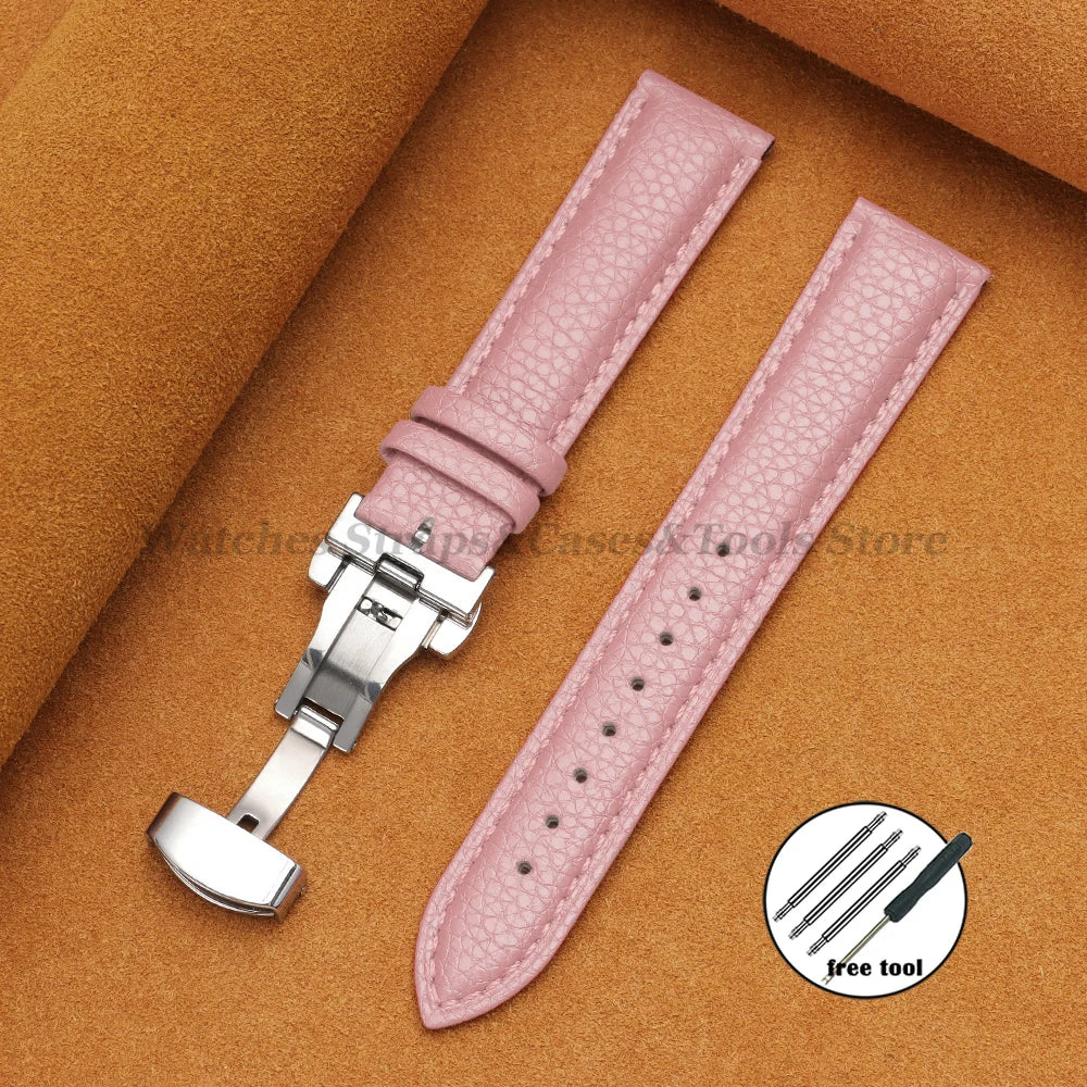 Genuine Calfskin Litchi Leather Watch Bands 16/18/19/20/21/22/24mm for Seiko for Omega Business Men Women Butterfly Buckle Strap