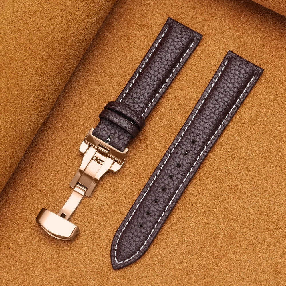 12/14/16/18/19/20/22mm Calfskin Watchbands Litchi Grain Strap Genuine Leather Wristwatch Band Butterfly Buckle Watch Accessories