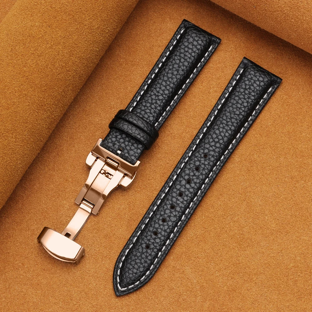 12/14/16/18/19/20/22mm Calfskin Watchbands Litchi Grain Strap Genuine Leather Wristwatch Band Butterfly Buckle Watch Accessories