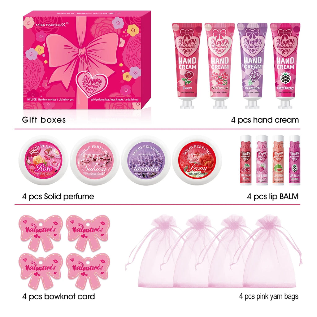 Gift sets 20PCS/box bulk thank you gifts assembly distribution lip balm hand cream perfume pink gift bag and bow card