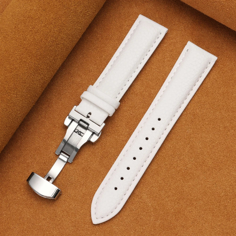 12/14/16/18/19/20/22mm Calfskin Watchbands Litchi Grain Strap Genuine Leather Wristwatch Band Butterfly Buckle Watch Accessories