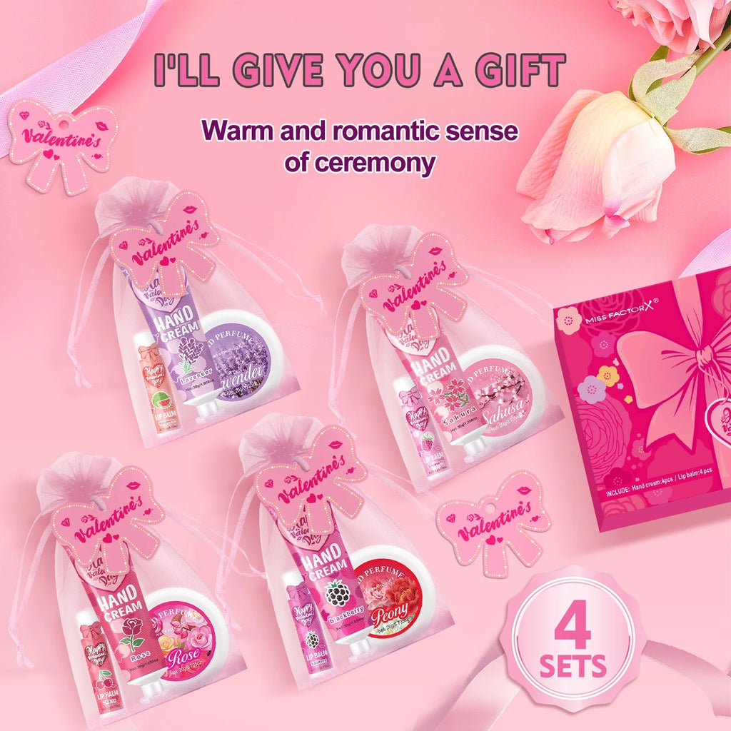 Gift sets 20PCS/box bulk thank you gifts assembly distribution lip balm hand cream perfume pink gift bag and bow card