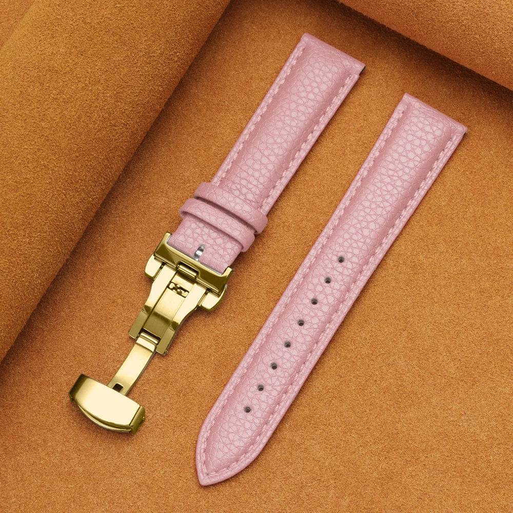 12/14/16/18/19/20/22mm Calfskin Watchbands Litchi Grain Strap Genuine Leather Wristwatch Band Butterfly Buckle Watch Accessories