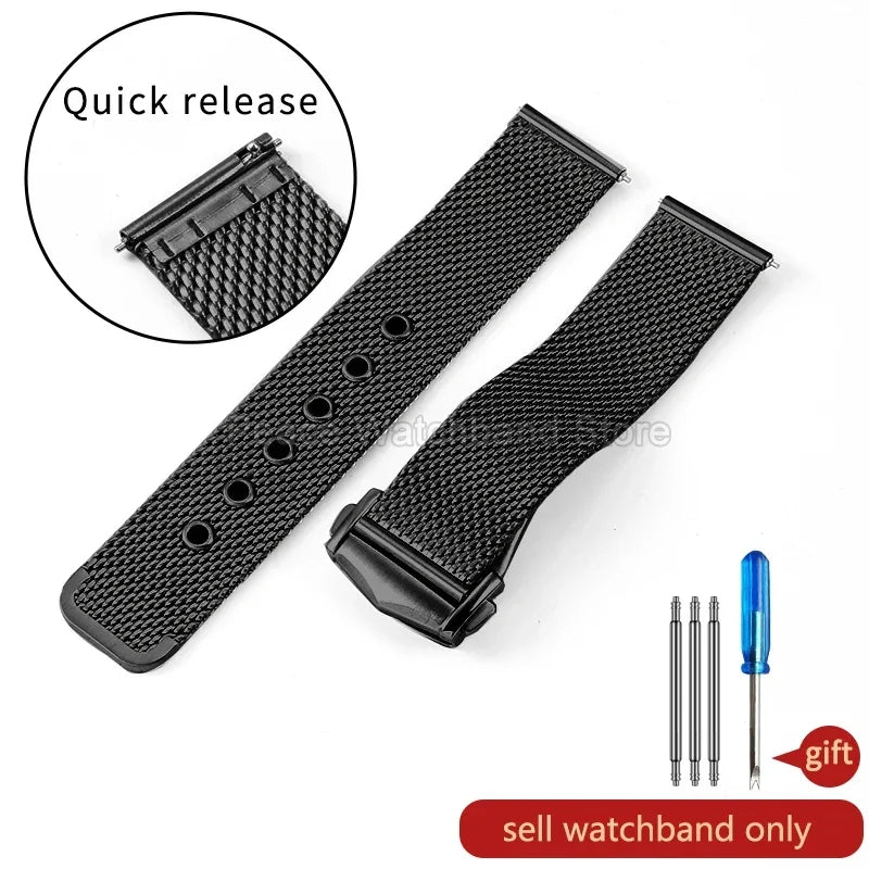For Omega Seamaster 20mm Silver Black Mesh Bracelet Flat Interface Stainless Steel Watch Strap Breathable Lightweight Design