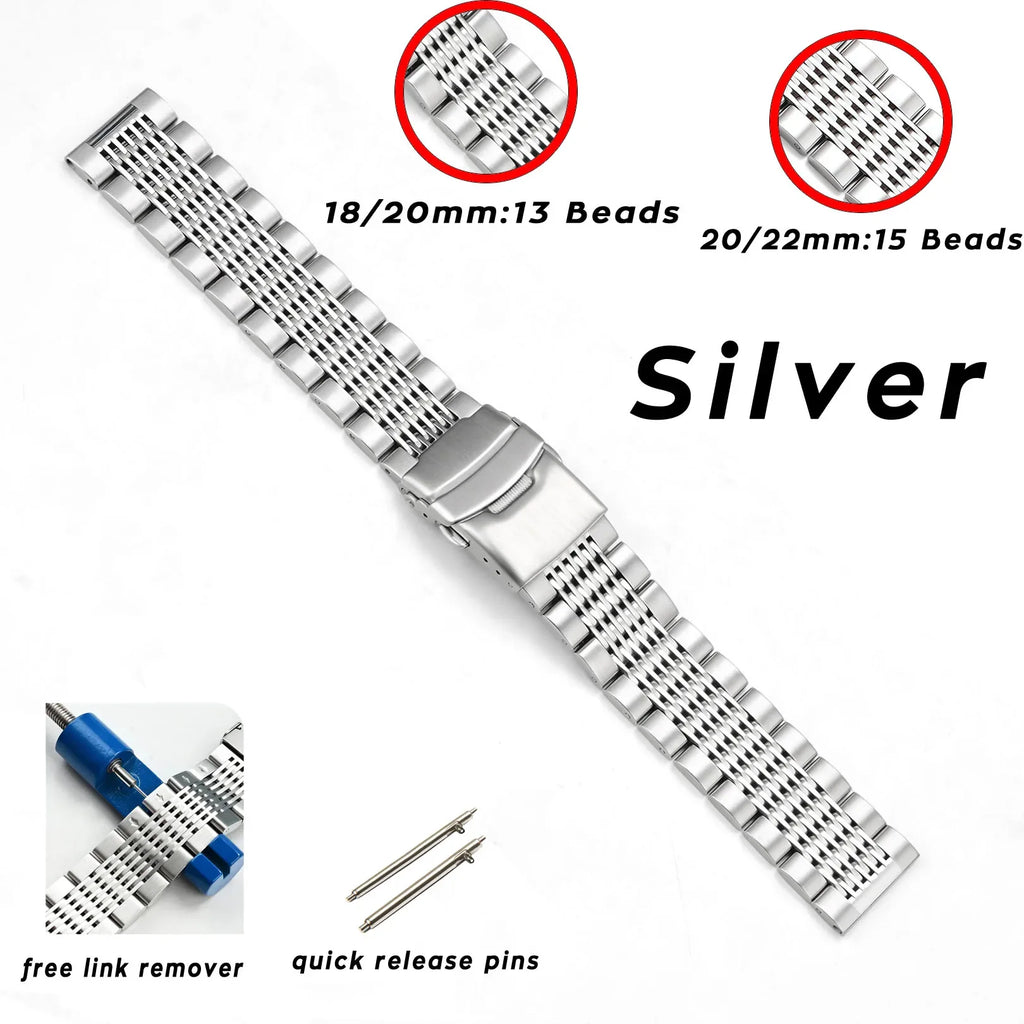18mm 20mm 22mm 24mm Quick Release Stainless Steel Watch Strap for Men Women Universal Multi Beads Watch Bracelet with Tool
