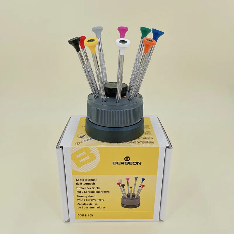 Original BERGEON 30081-S09 9-piece screwdriver watch repair tool with straight screwdriver