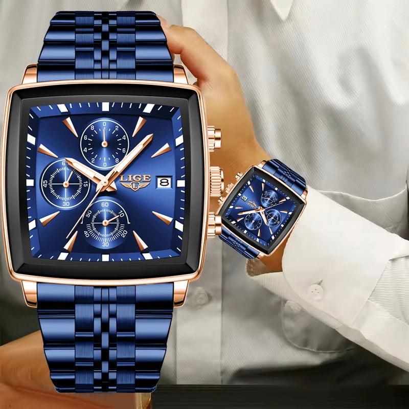 LIGE Top Brand Luxury Mens Watches Fashion Military Square Chronograph Quartz Wristwatches For Men Sports Waterproof Watch Men