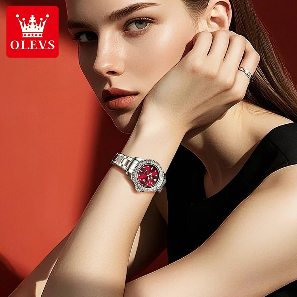 OLEVS New Elegant Women Wristwatch Waterproof Luminous Calendar Ladies Watch Stainless Steel Red Quartz Women's Watches Female