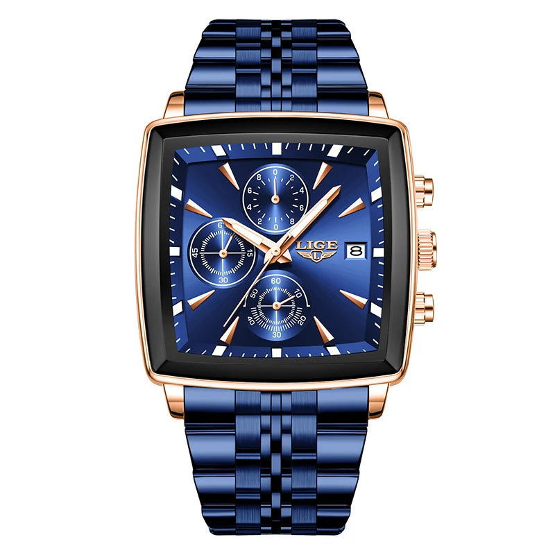 LIGE Top Brand Luxury Mens Watches Fashion Military Square Chronograph Quartz Wristwatches For Men Sports Waterproof Watch Men