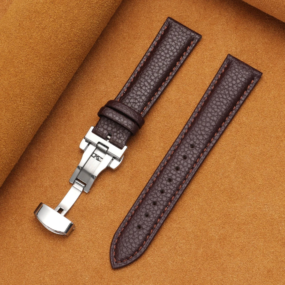 12/14/16/18/19/20/22mm Calfskin Watchbands Litchi Grain Strap Genuine Leather Wristwatch Band Butterfly Buckle Watch Accessories