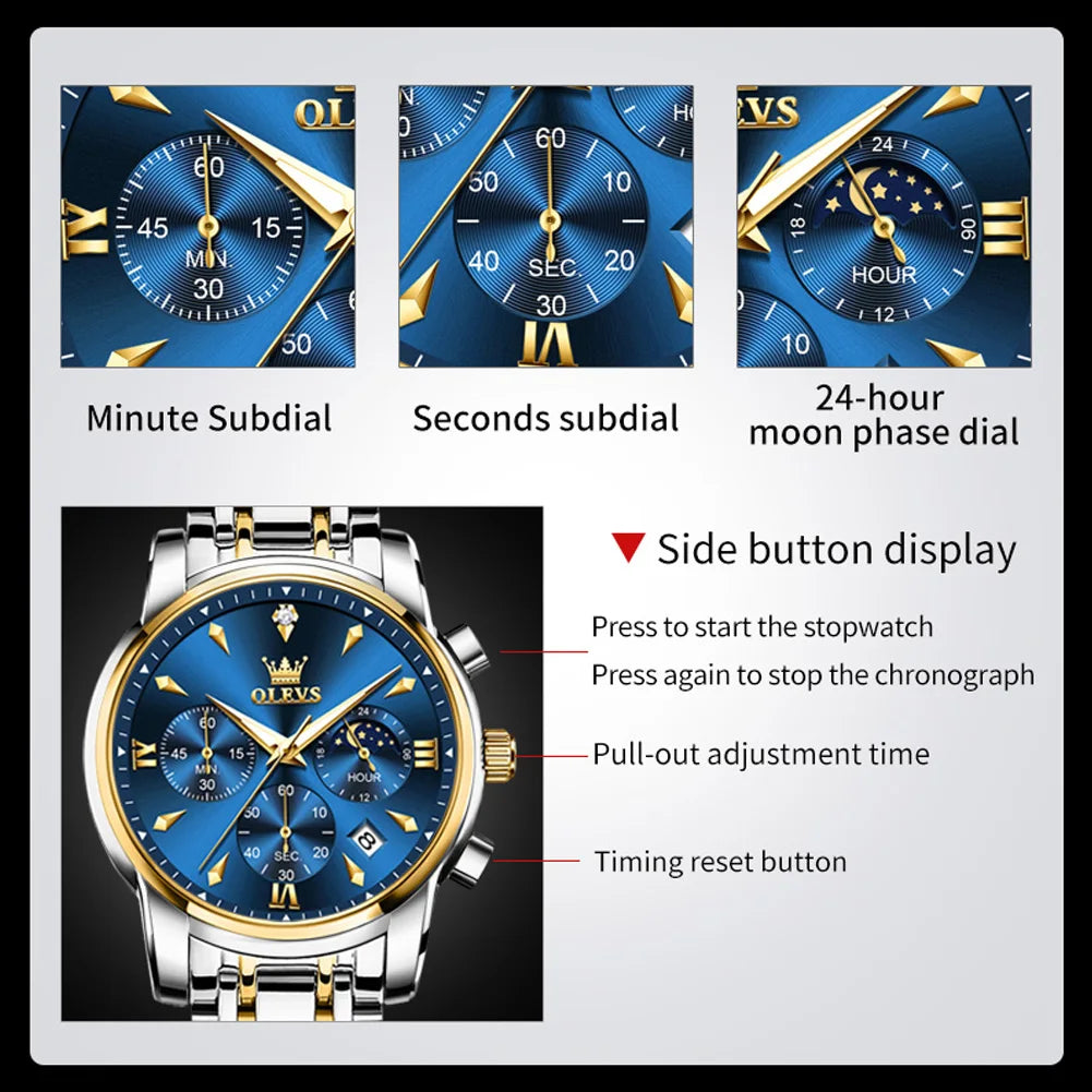 OLEVS 3639 Luxury Quartz Watch Stainless Steel Watch for Men Top Brand Original  Waterproof Luminous Moon Phase Men's Hand Clock