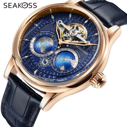 SEAKOSS 47mm Double Earth Rotating Men's Mechanical Watch Automatic Movement Flywheel Wristwatches 5Bar Waterproof Leather Strap