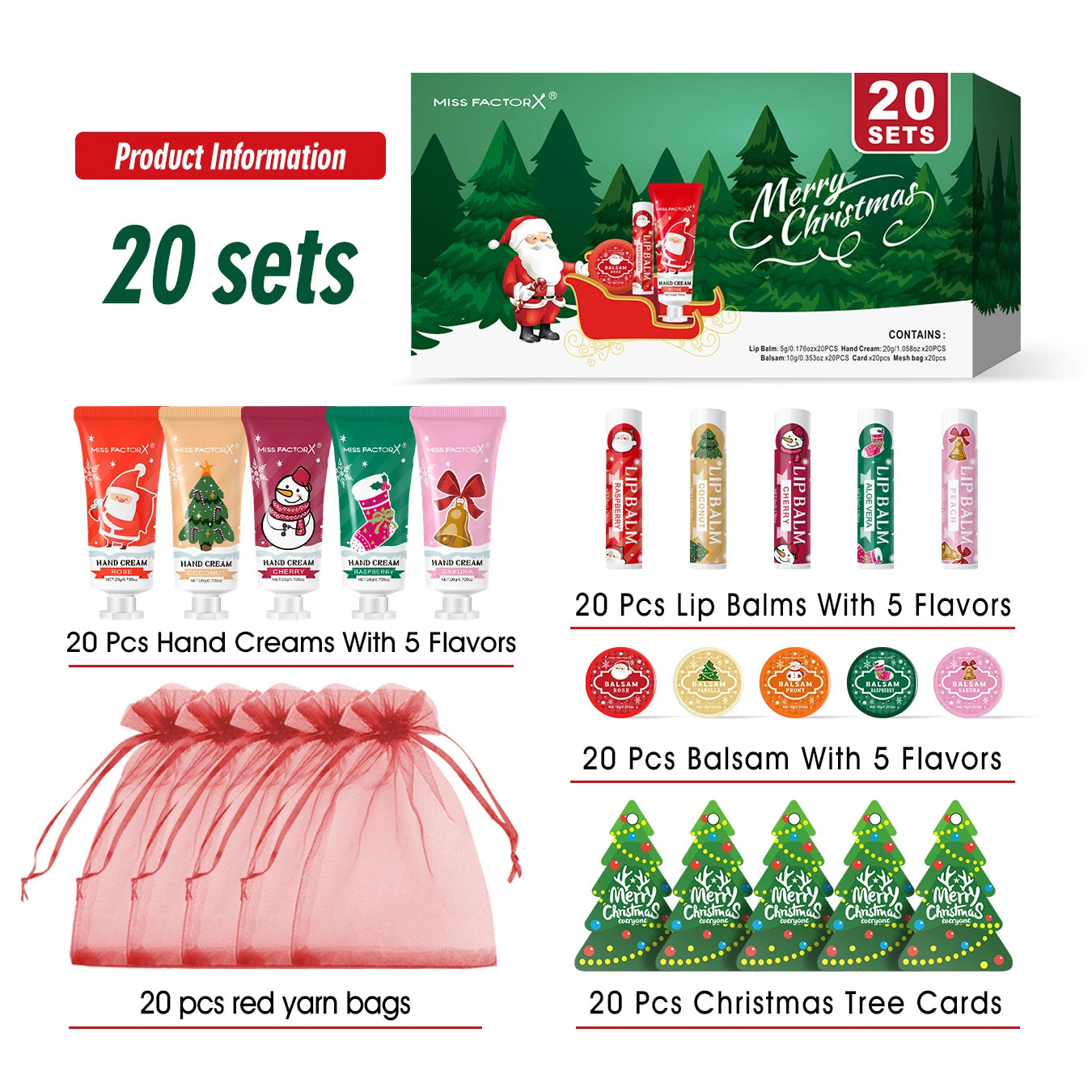 Christmas assembly gift set -20 sets, including balm, hand cream, lipstick, red gauze bag, Christmas tree thank you card