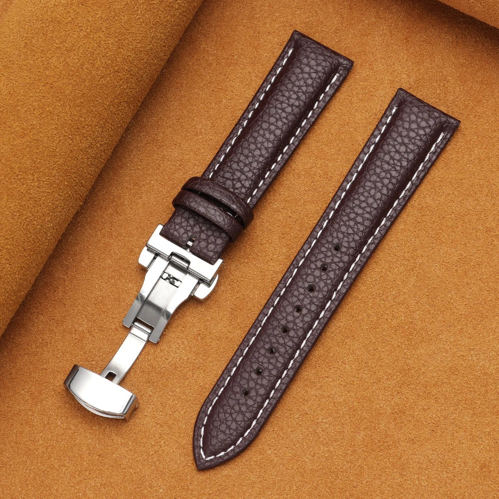 12/14/16/18/19/20/22mm Calfskin Watchbands Litchi Grain Strap Genuine Leather Wristwatch Band Butterfly Buckle Watch Accessories