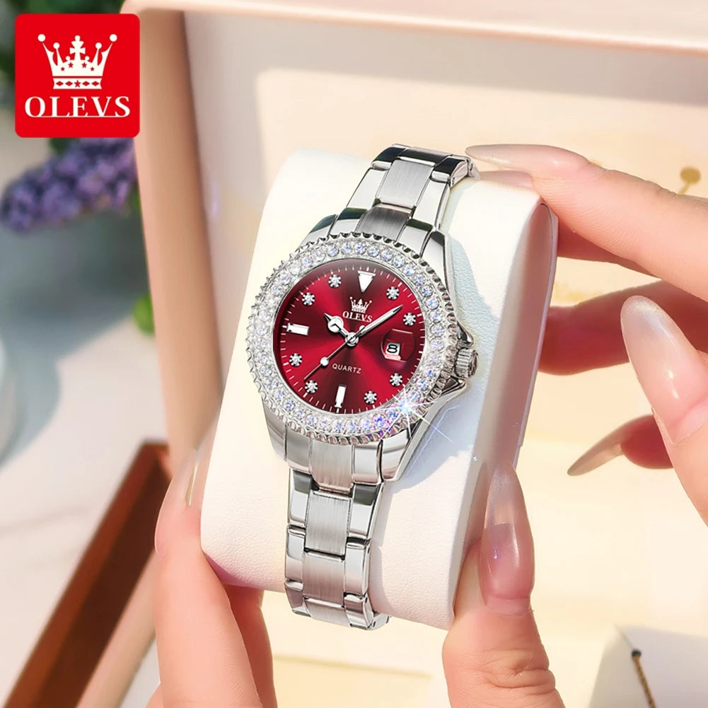 OLEVS New Elegant Women Wristwatch Waterproof Luminous Calendar Ladies Watch Stainless Steel Red Quartz Women's Watches Female