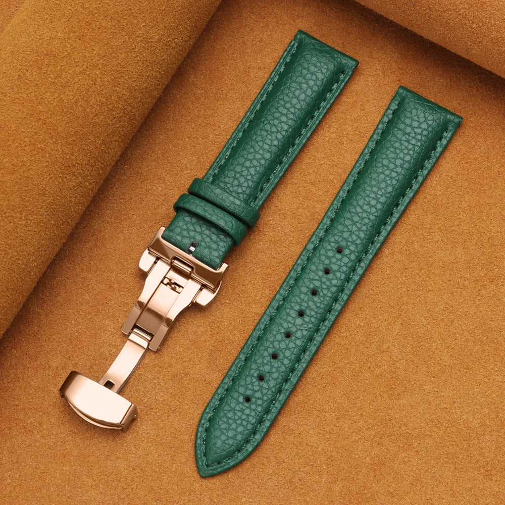 12/14/16/18/19/20/22mm Calfskin Watchbands Litchi Grain Strap Genuine Leather Wristwatch Band Butterfly Buckle Watch Accessories