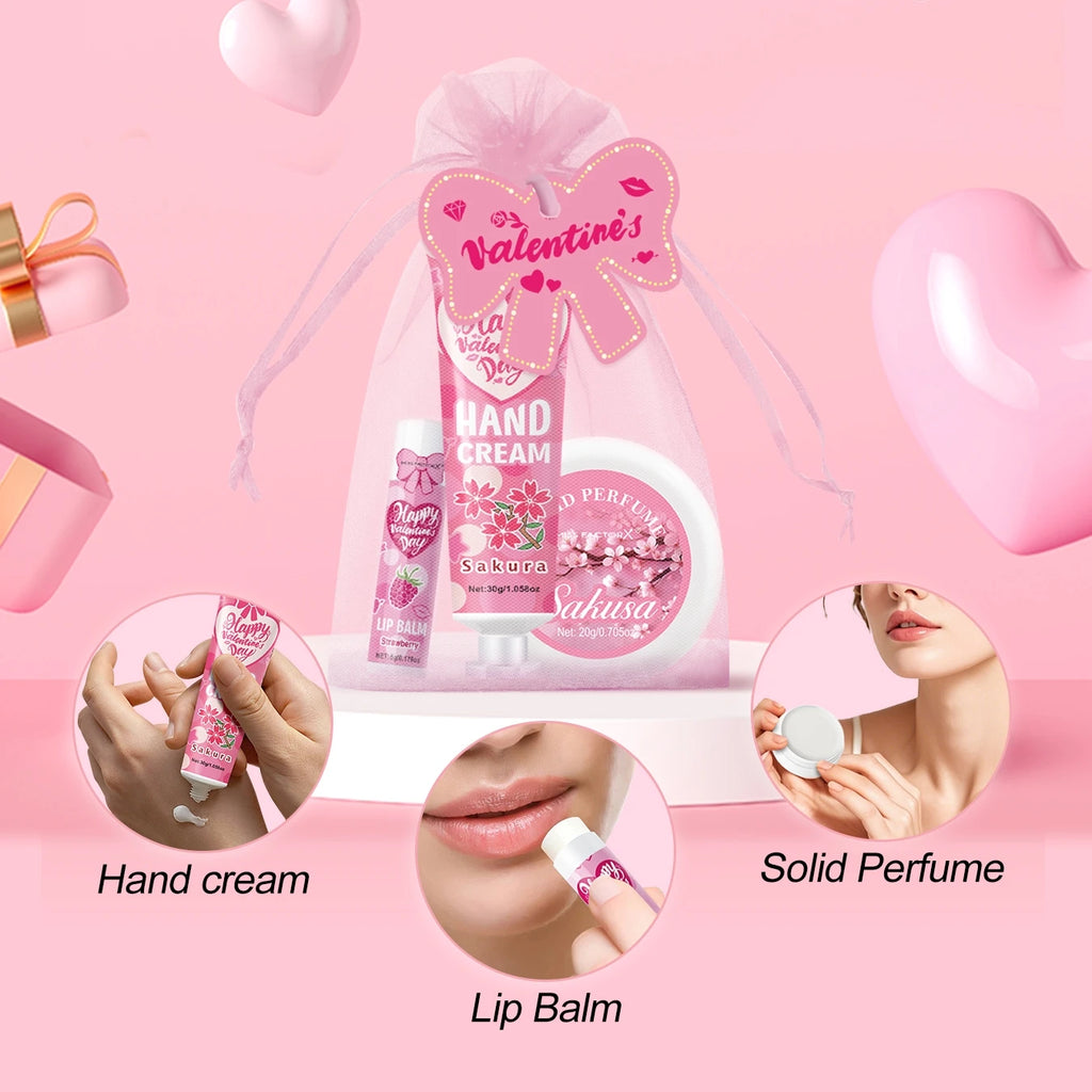 Gift sets 20PCS/box bulk thank you gifts assembly distribution lip balm hand cream perfume pink gift bag and bow card