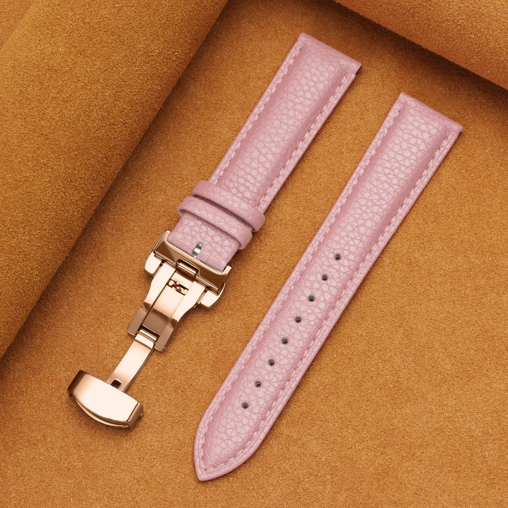 12/14/16/18/19/20/22mm Calfskin Watchbands Litchi Grain Strap Genuine Leather Wristwatch Band Butterfly Buckle Watch Accessories