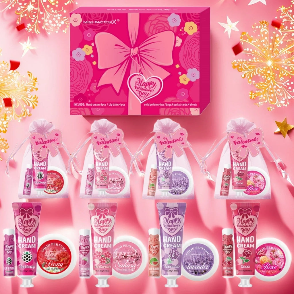 Gift sets 20PCS/box bulk thank you gifts assembly distribution lip balm hand cream perfume pink gift bag and bow card