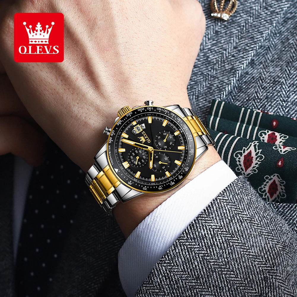 OLEVS Men's Watches Top Brand Classic Original Quartz Watch for Man Waterproof Stainless Steel Lunminous Chronograph Calendar