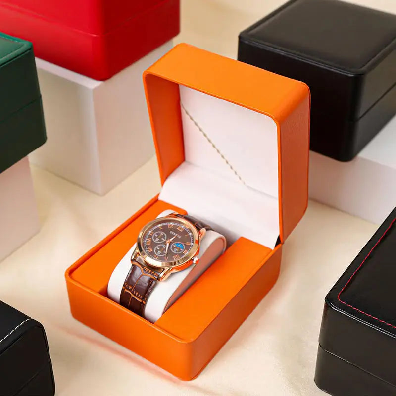 Black Single Watch Gift Box with Pillow PU Leather Wristwatch Display Case Organizer for Men Clamshell PU leather watch case